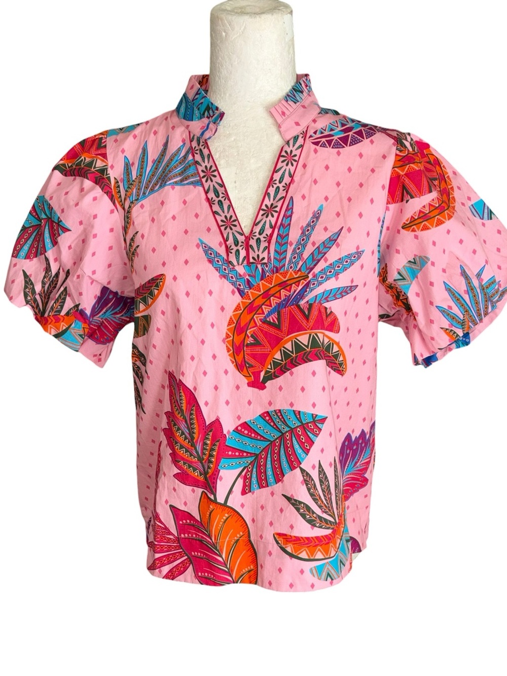 LN Maude Vivante Faye Banana Baroque Print Pink Puff Sleeve Blouse - M